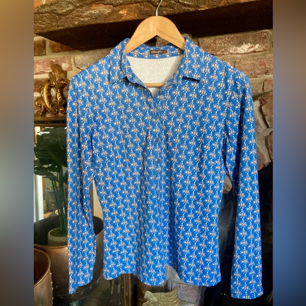J. McLaughlin EUC Catalina Cloth Blue/Yellow Pineapple Button Popover Shirt Sz S - Picture 2 of 16